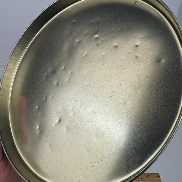 Vtg Round Metal Tin Teddy Bear Happy Holidays Red w Polka Dots 10in Diameter - Picture 8 of 13